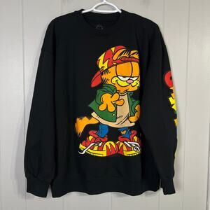 Garfield Large Black Graphic Crewneck Sweatshirt Colorful Sleeve Print